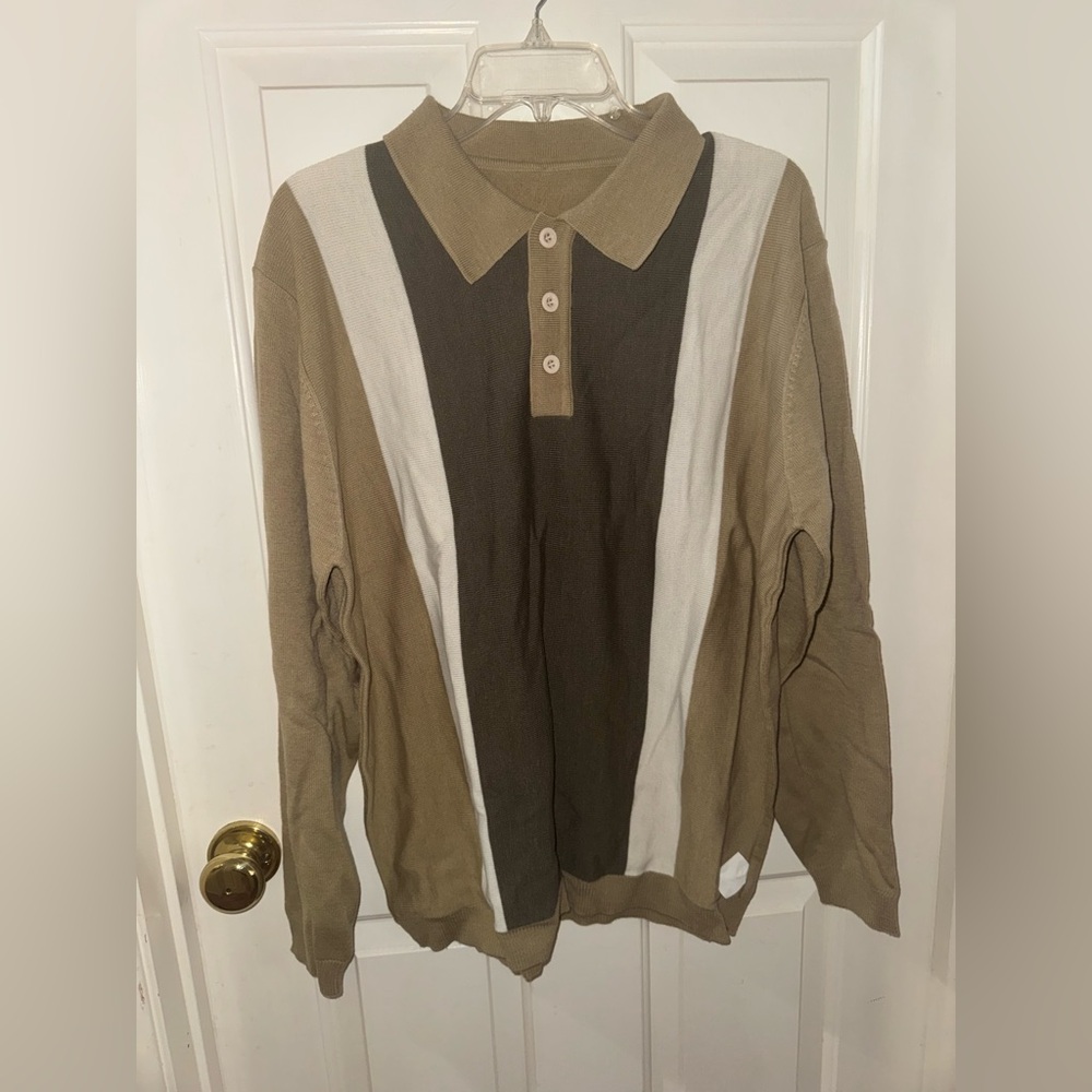 Vintage Knit Tan and Brown Striped Polo Maxini Shirt Sweater